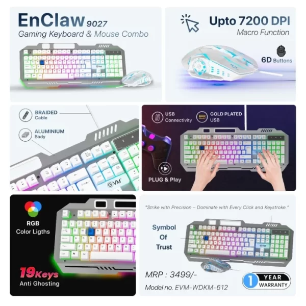 EnClaw 9027 Wired Keyboard & Mouse Combo EVM-WDKM-612 SILVER - Image 2